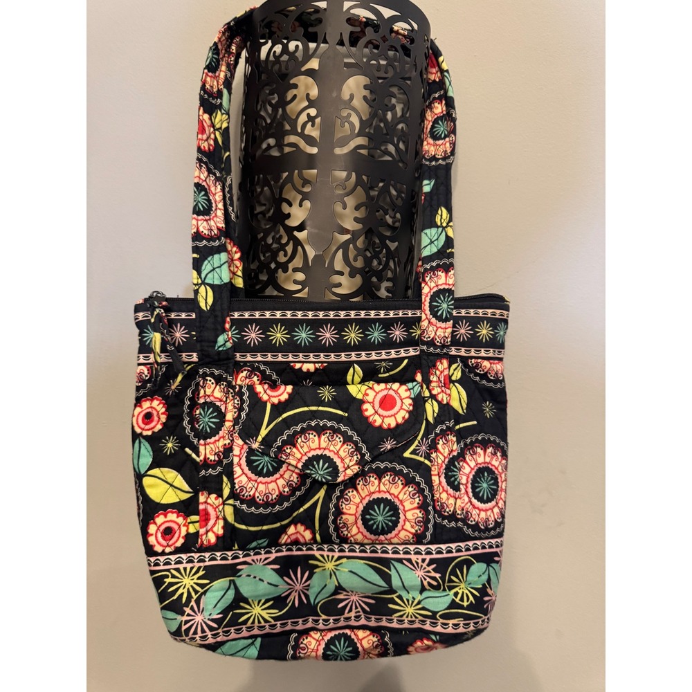 Vera Bradley Night and Day Quilted Floral Tote Bag Shoulder Purse Black Pink - Picture 5 of 10